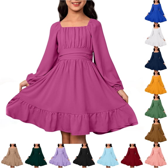 SUXIAN Girls Summer Dress Casual Long Sleeve Backless Gown with Waist Tie Outdoor Spring Fall Toddler Dresses Pink 8-9 Years