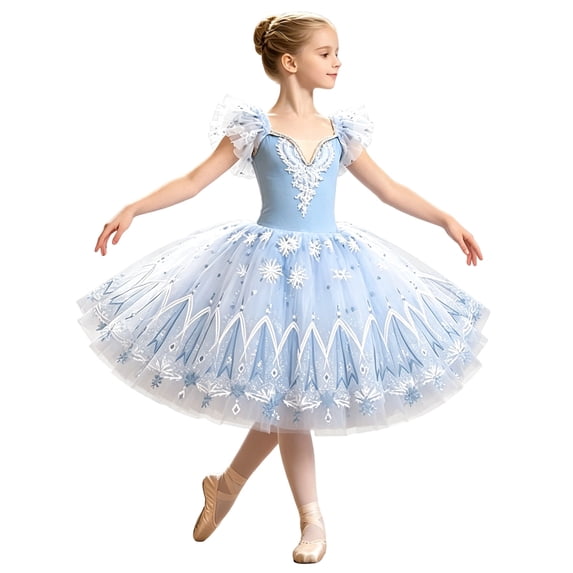 SUXIAN Girls Summer Dress Elegant Gradient Short Sleeve Dance Dress Performance Party Graceful Style Young Her Toddler Dresses Blue_004 13-15 Years