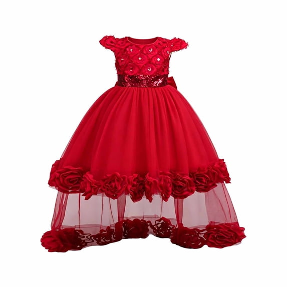 SUXIAN Girls Summer Dress Sparkly Wedding Embroidered Long Sleeve Puffy Formal Party Toddler Princess Dress Red 3-4 Years