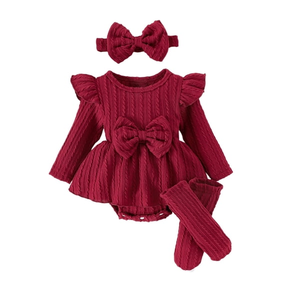 SUXIAN Girls Summer Dress Winter Baby Girl Knit Bow Jumpsuit Romper Dress With Hat Socks Outfit Photoshoot Holiday Party Little Girl Dresses Wine 6M