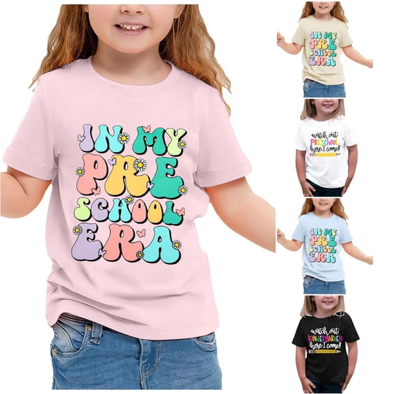 SUXIAN Girls Tops Back to School Print Short Sleeve Round Neck Casual Loose T Shirt Children Tee Girls Tshirts Pink 5-6 Years