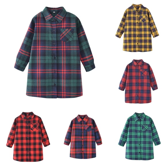 SUXIAN Girls Tshirts Plaid Flannel Button Down Long Sleeve Shirt Casual Dress Tunic Top Girls Summer Tops Dark Blue 5-6 Years