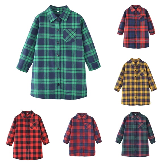 SUXIAN Girls Tshirts Plaid Flannel Button Down Long Sleeve Shirt Casual Dress Tunic Top Girls Summer Tops Green 3-4 Years