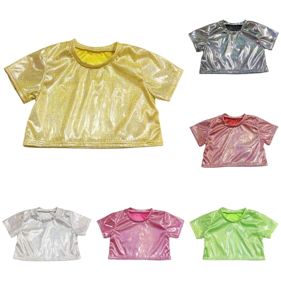 SUXIAN Girls Tshirts Sparkly Glitter Sequin Stretch Short Sleeve Crop Top for Dance Gymnastics Performance Girls T Shirt Gold 17-18 Years