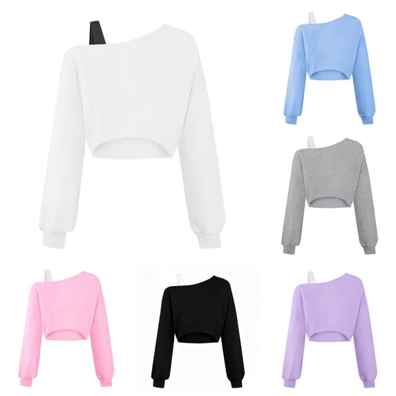 SUXIAN Girls Workout Blouses Off Shoulder Asymmetrical Long Sleeve Cute Crop Top Sweatshirt Style Girls Going Out Blouses White 15-16 Years