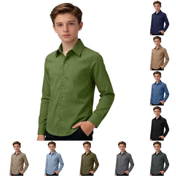 SUXIAN Going Out Blouses Long Sleeve For Boys Casual Blend Classic Fit Button Down Comfortable Top Boys Blouses Green 13-14 Years