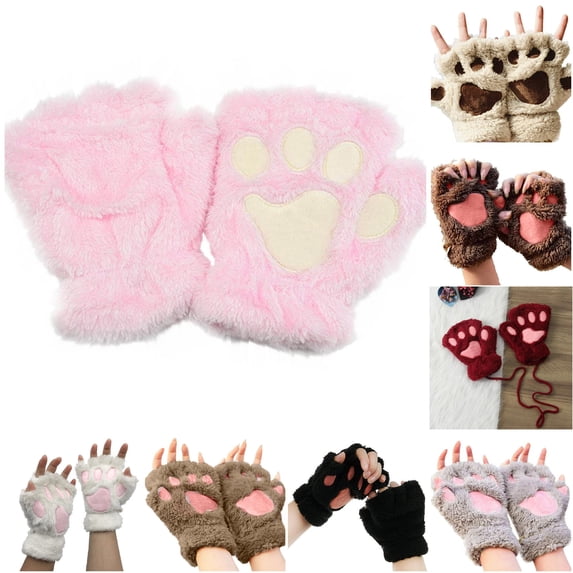 SUXIAN Insulated Gloves Half-finger Warm Cute Cartoon Thick Bear Fingerless Cozy Soft Winter Gloves Pink One Size