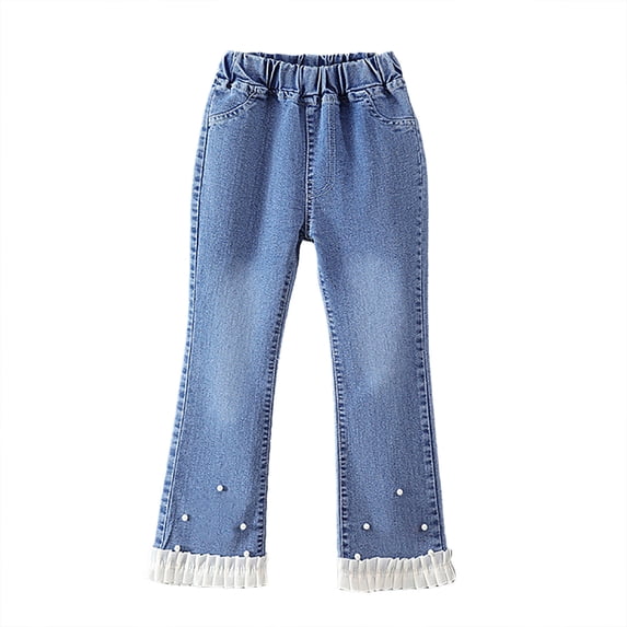 SUXIAN Jeans For Girls Pearl Bow Embroidered Wide Leg Denim Casual Elastic Waist Trousers Pants Girls Blue 9-10 Years