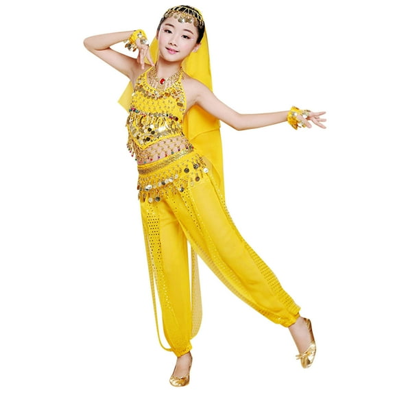 SUXIAN Kids Belly Dance Set Halloween Performance Outfit for Girls Cultural Dance Clothing Set Yellow XL