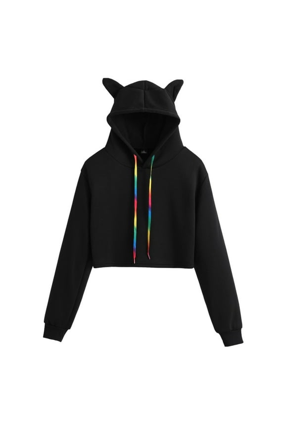 Kids Girl's Cute Cat Ear Crop Tops Long Sleeve Casual Plain Hoodie Sweatshirt Shirt for Children Black 12-14 Years