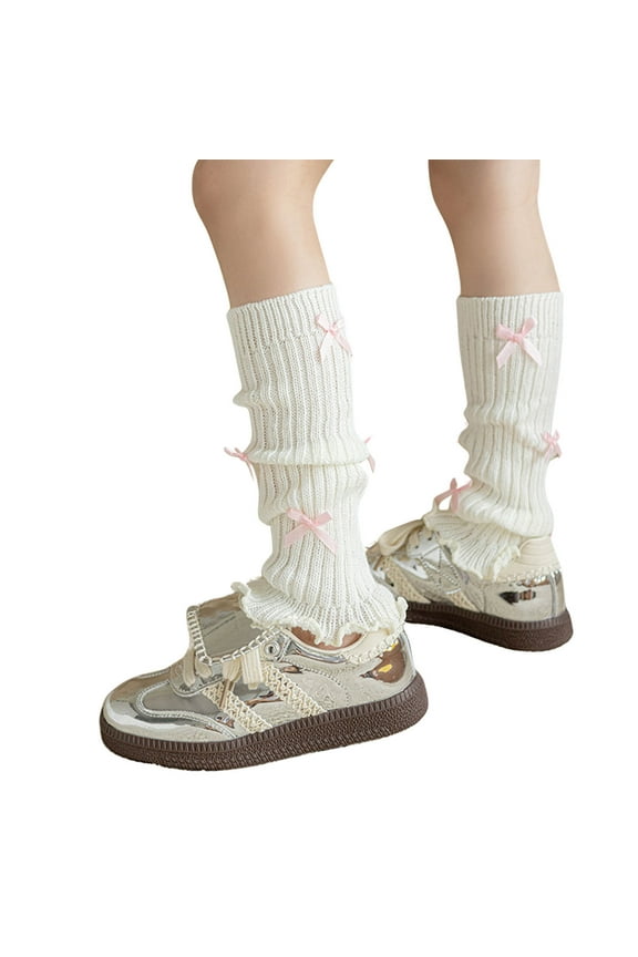 Kids Leg Warmers Knitted Bow Stack Socks Long Tube Cute Ballet Style Wool Warm Leg Socks for Girls Pink One Size