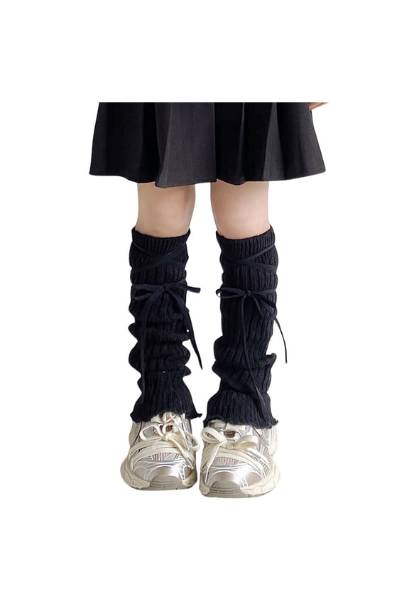 Kids Leg Warmers Knitted Stack Socks with Tie Cross Long Tube Pure Color Japanese Warm Leg Protection for Girls Black One Size