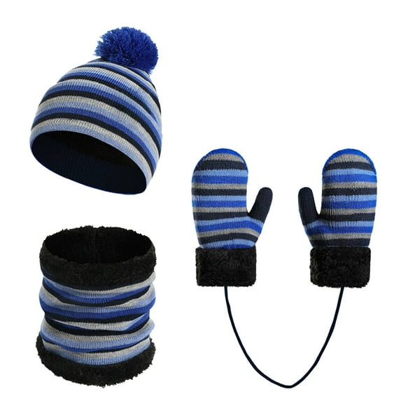 SUXIAN Kids Winter Hat Scarf Knit Striped Warm for Boys and Girls Cold Weather Set with Gloves Baby Boy Hats Dark Blue One Size