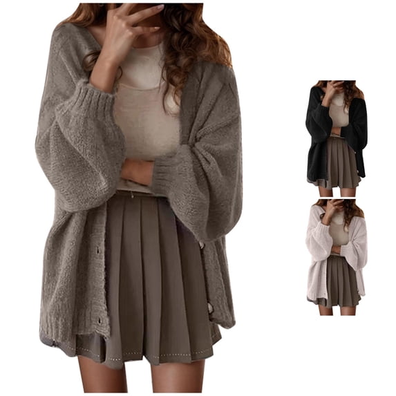 SUXIAN Lightweight Cardigan Balloon Sleeve Jacket Spring Autumn Small Shirt Loose Solid Sweater Cardigan for Women