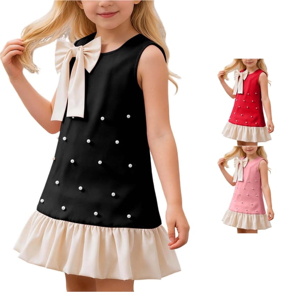SUXIAN Little Girl Dresses Elegant Sleeveless Summer Bow Pearl Party Gown Birthday Celebration Dress for Girls Black_001 3-4 Years