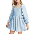 thumbnail image 1 of SUXIAN Little Girl Dresses Long Sleeved Square Neck Sleeve Ruffled High Waist Flared Gown Toddler Girl Dresses Light Blue 5-6 Years, 1 of 9