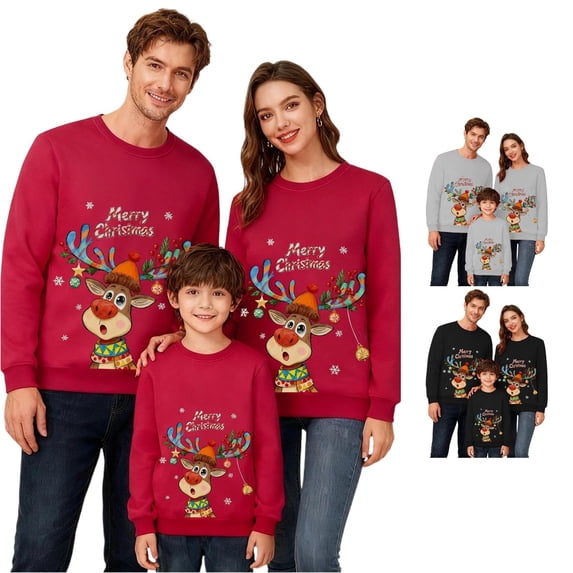 SUXIAN Matching Christmas Sweatshirt Family Print Long Sleeve Crew Neck Soft Moms and Kids Comfortable Casual Wear Celebrations Womens Sweatshirts