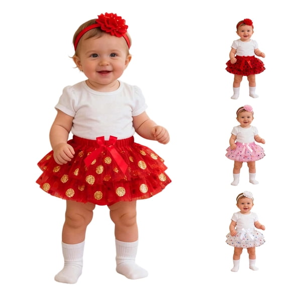 SUXIAN Mini Skirts For Girl Ruffled Polka Dot Mesh Tutu Skirt Headband Set For Baby Girls Skirt Gold 9-12 Months
