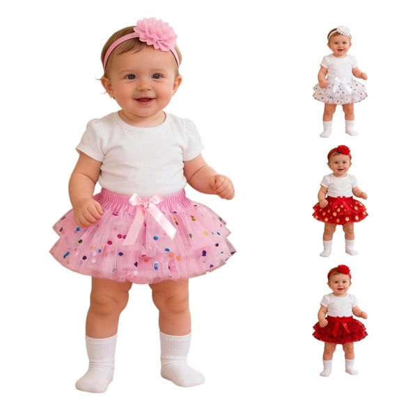 SUXIAN Mini Skirts For Girl Ruffled Polka Dot Mesh Tutu Skirt Headband Set For Baby Girls Skirt Pink 9-12 Months