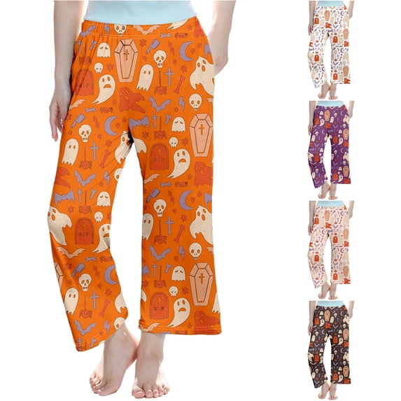 SUXIAN Pants for Girls Halloween Print Soft Cotton Pajama Bottoms Straight Leg Casual Long Trousers Comfortable Everyday Wear Kids Pants