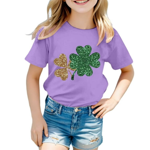 SUXIAN Shirts for Teen Kids Girls Child Short Sleeve St Patricks Day Prints T Shirt Girls Fans Present Tops Purple 6-7 Years