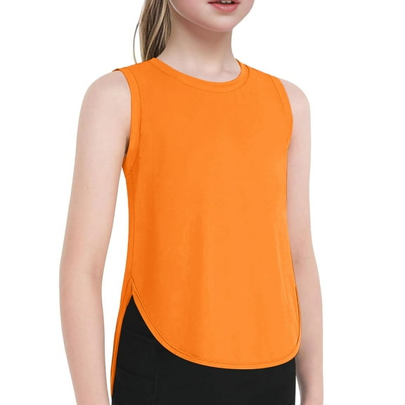 SUXIAN Girls Summer Sleeveless Vest Top for Everyday Wear Comfortable Casual Tee Shirt Outfit with Pants Age 5-14 Years Orange 9-10 Years