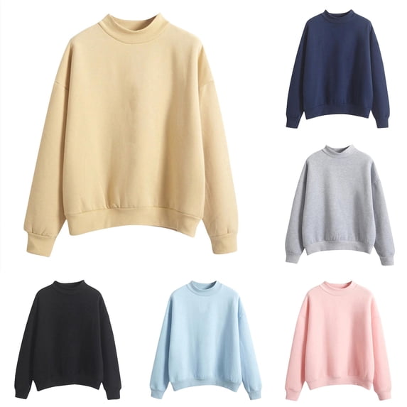 SUXIAN Sweatshirt For Women Solid Turtleneck O Neck Long Sleeve Plus Velvet Pullover Casual Womens Sweatshirts L