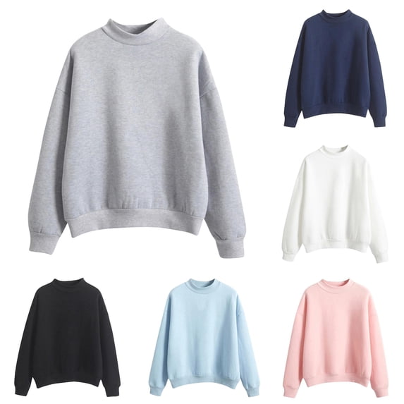 SUXIAN Sweatshirt For Women Solid Turtleneck O Neck Long Sleeve Plus Velvet Pullover Casual Womens Sweatshirts L
