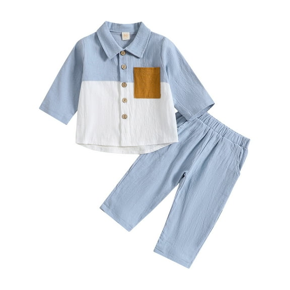 SUXIAN Toddler Baby Boy Girl Clothes Linen Color Block Long Sleeve Button Down Shirt Solid Pants Set Two Casual Blue 2-3 Years