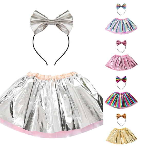 SUXIAN Toddler Girl Skirts Carnival Gold Foil Tutu With Hairband Set Dance Party For Kids Girls Skirt Silver 2-4 Years