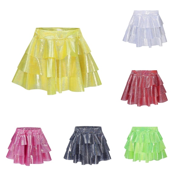 SUXIAN Toddler Girl Skirts Carnival Metallic 3‑Layer Ruffle Sparkly Shiny Skirt For Party Girl Skirt Gold 8-9 Years