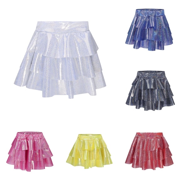 SUXIAN Toddler Girl Skirts Carnival Metallic 3‑Layer Ruffle Sparkly Shiny Skirt For Party Girl Skirt Silver 4-5 Years