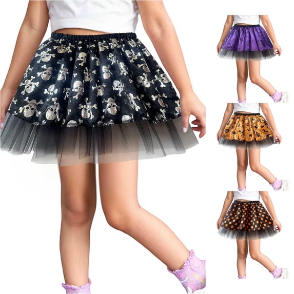 SUXIAN Toddler Girl Skirts Halloween Printed Mesh Tutu Layered Ballet Dance Party Outfit For Kids Girl Skirt Black 2-4 Years