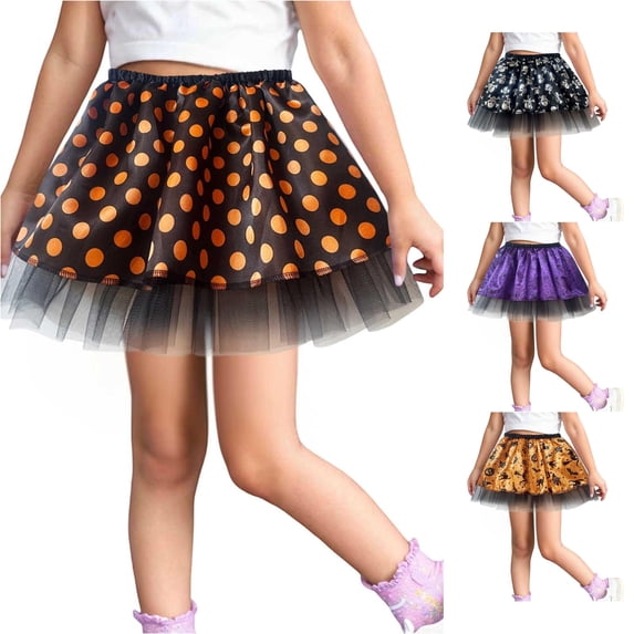SUXIAN Toddler Girl Skirts Halloween Printed Mesh Tutu Layered Ballet Dance Party Outfit For Kids Girl Skirt Orange 5-8 Years