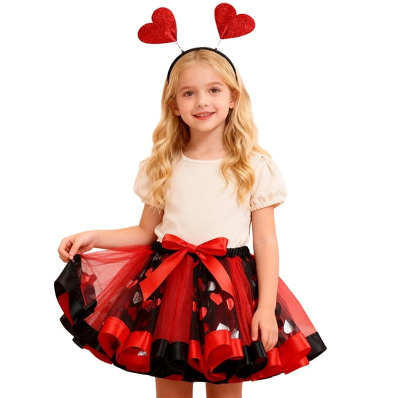 SUXIAN Toddler Girl Skirts Valentine Heart Tutu With Headband Dance Performance Festive Celebration For Kids Girls Skirt Red_003 2-4 Years