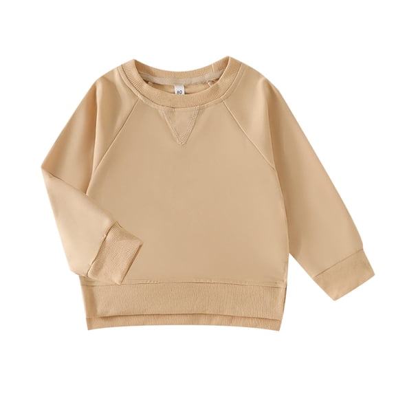 SUXIAN Toddler Kids Baby Boy Girl Crewneck Sweatshirt Long Sleeve Solid Color Pullover Top Casual Spring Fall Khaki 12-18 Months