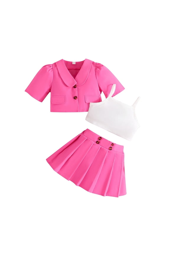 Toddler Kids Girls Summer Clothes Solid Short Sleeve Coat Suit Camisole Crop Tops Skirt Outfits Three Set Hot Pink 2-3 Years