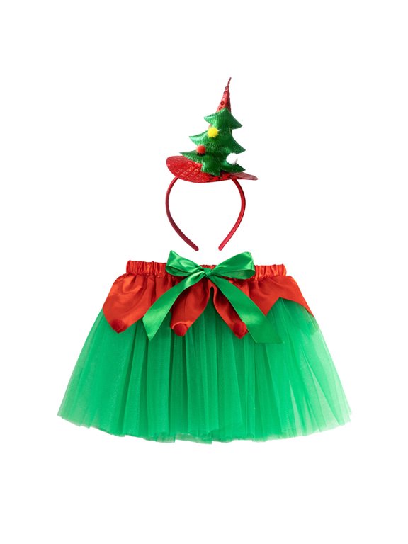 Toddler Skirts Christmas Cartoon Mesh Tutu Ballet Dance Party With Hairband Set For Kids Girls Skirt Green_003 5-8 Years