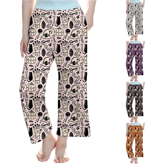 SUXIAN Trouser Girls Halloween Print Soft Cotton Pajama Bottoms Straight Leg Casual Long Pants Comfortable Everyday Wear Pants for Kids