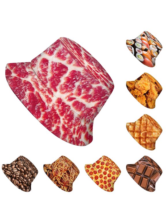 Unisex Bucket Hat Meat Print Quirky Fisherman Sun Hat Foodie