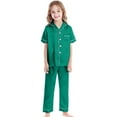 thumbnail image 1 of SUXIAN Unisex Satin Pajamas Set Boys Girls Silk Short Sleeve 2 Piece Sleepwear Long Pants Button Down Kids Nightwear Comfortable Clothing Set Green 8, 1 of 4