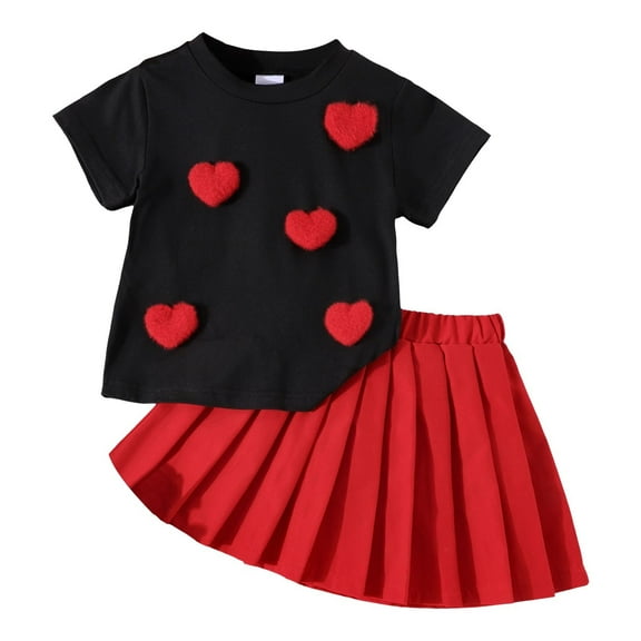 SUXIAN Valentines Day Baby Girls Comfortable and Cute Red Black T Shirt Red Pleated Skirt Set Festive Clothing Set Black 4Y