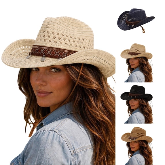 SUXIAN Western Cowboy Hat for Women Men Hollow Straw Sun Shade Hat Summer Outdoor