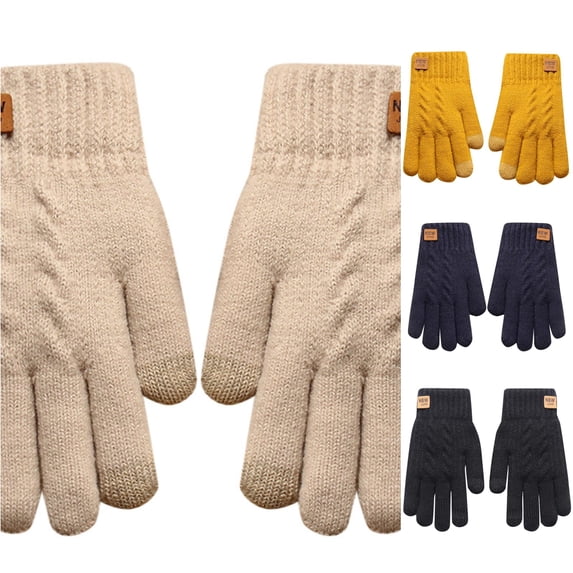 SUXIAN Winter Gloves Thick Double Layer Knitted Label Cold Proof Warm Solid Color Screen Finger Cold Weather Gloves Beige One Size