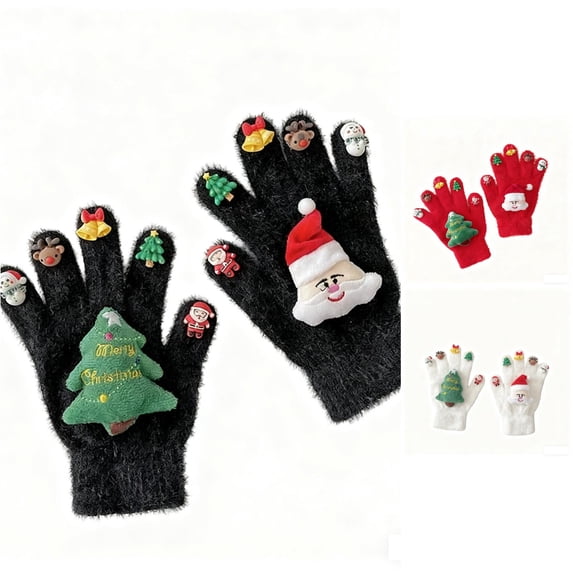 SUXIAN Winter Gloves Women Christmas Festive Cozy Thermal Knitted Mittens Character Designs Outdoor Cycling Gloves Winter Womens Black One Size