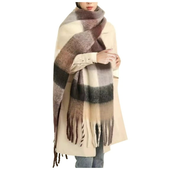 SUXIAN Winter Scarf for Women Fringed Thick Plaid Warm Shawl Grey One Size