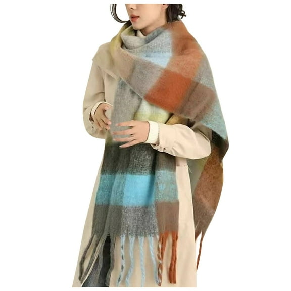 SUXIAN Winter Scarf for Women Fringed Thick Plaid Warm Shawl Sky Blue One Size