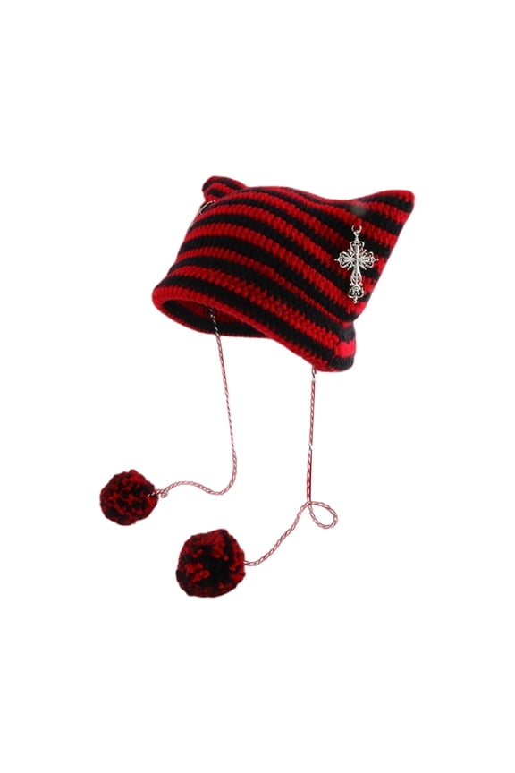 Women's Knitted Hat with Cat Ears Punk Design Warm for Autumn Winter Fashion Red One Size