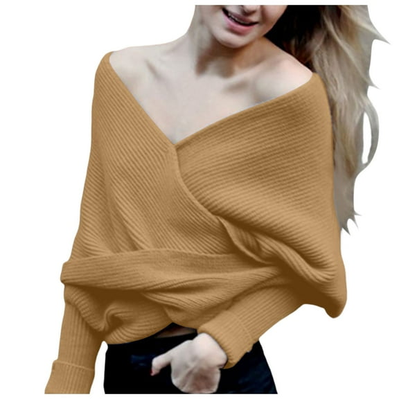 UJNDER Women's Knitted Sweater with Scarf Design V Neck Off Shoulder Khaki One Size