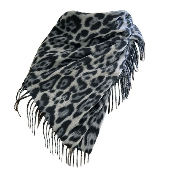 SUXIAN Women's Winter Scarf Leopard Print Imitation Wool with Fringe Grey_#1 One Size
